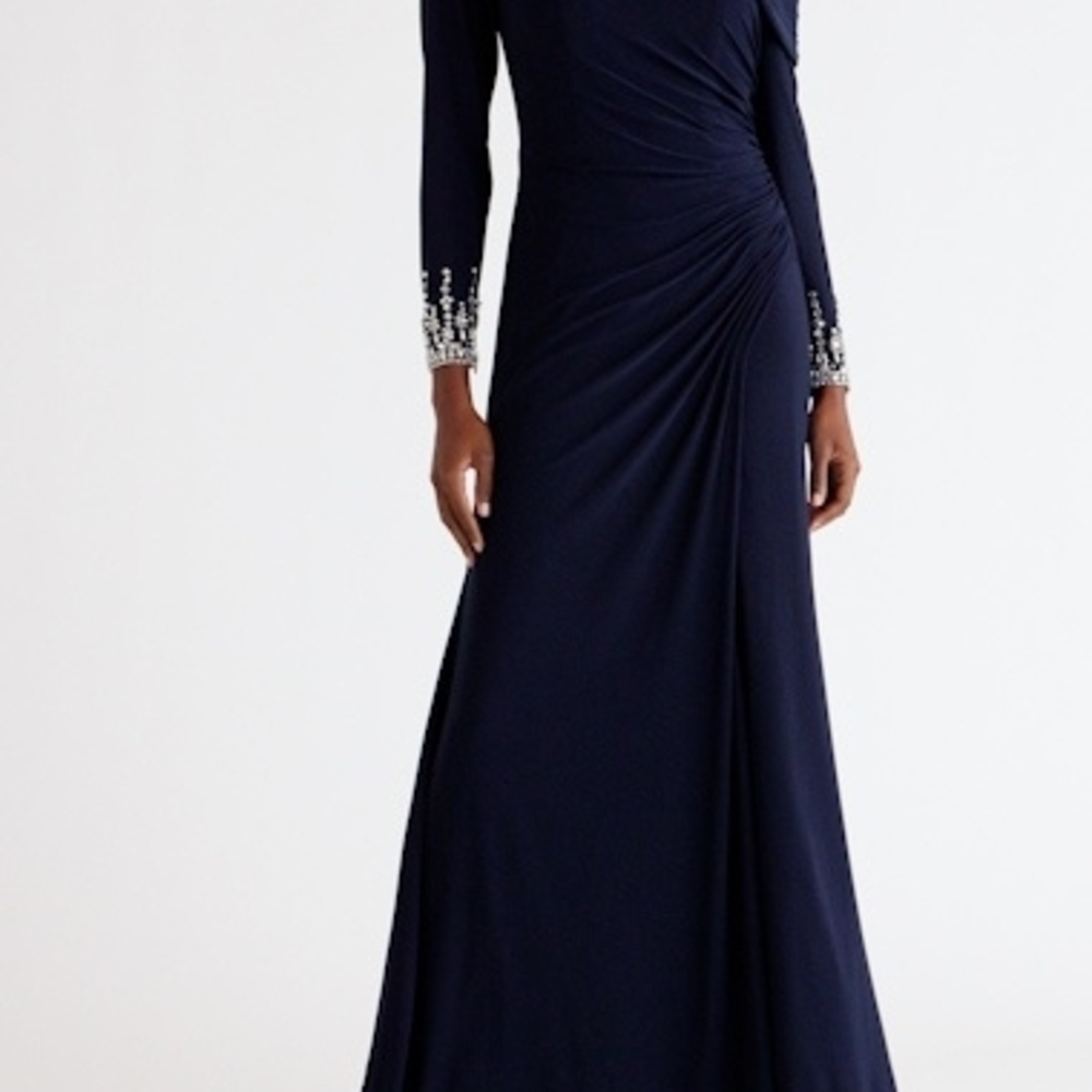 Almost New Mac Duggal Navy Long Sleeve Gown with Embellished Cuffs